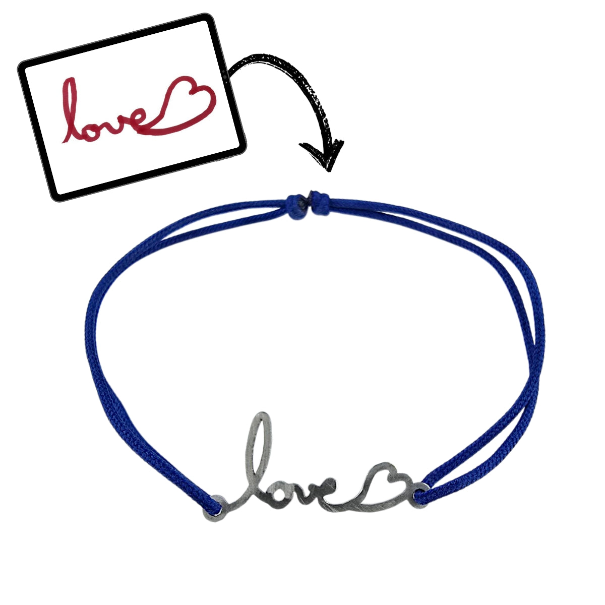 Bracelet Personnalisé Petit Mot Love Argent avec Cordon Bleu Royal