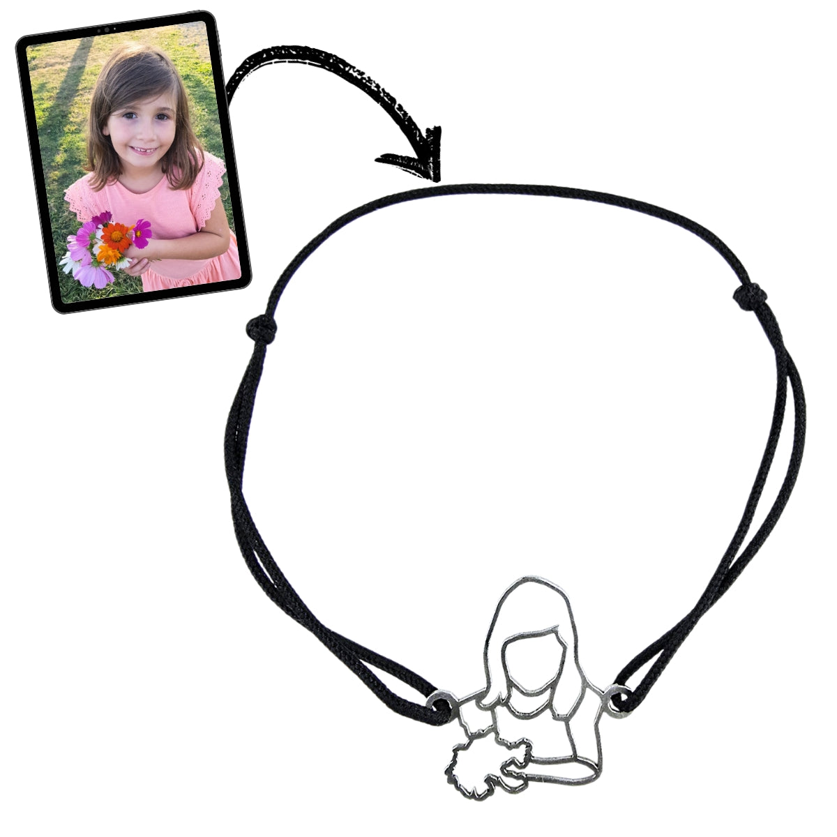 Bracelet Personnalisé Unique Photo Femme Fleurs Argent avec Cordon Noir