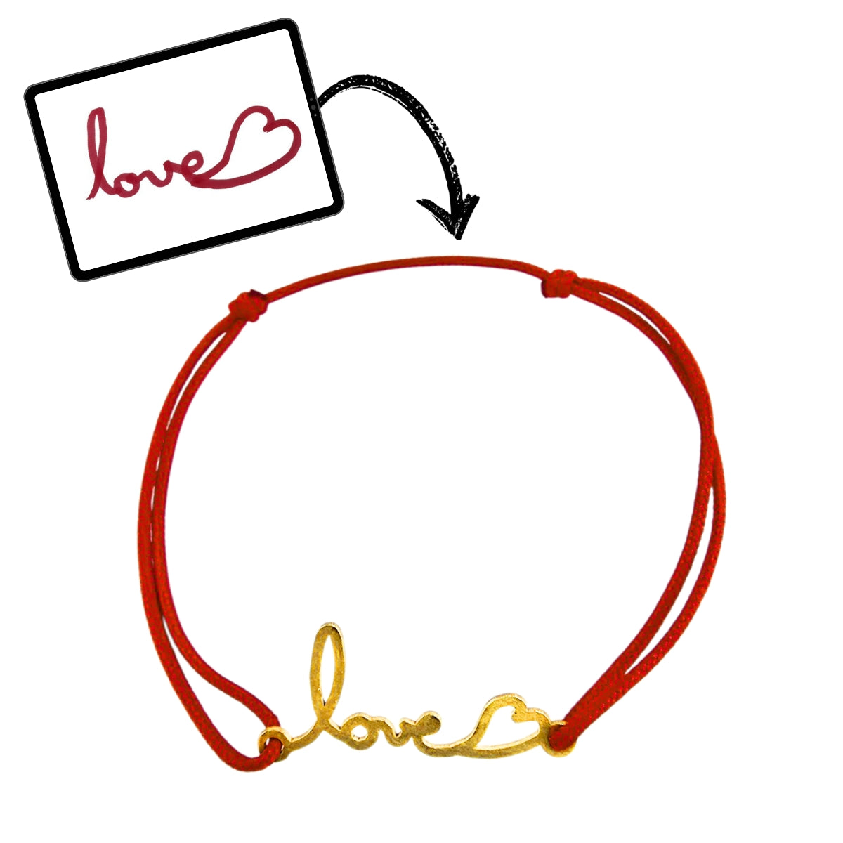 Bracelet Unique Petit Mot Love Or avec Cordon Rouge