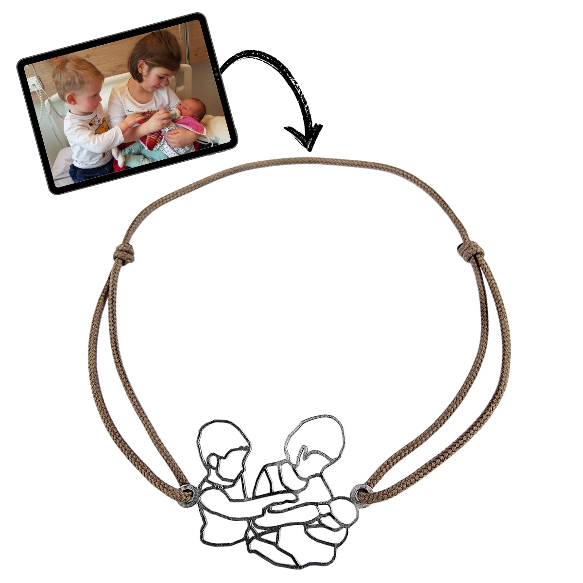 Bracelet Unique Photo Enfants Argent avec Cordon Taupe