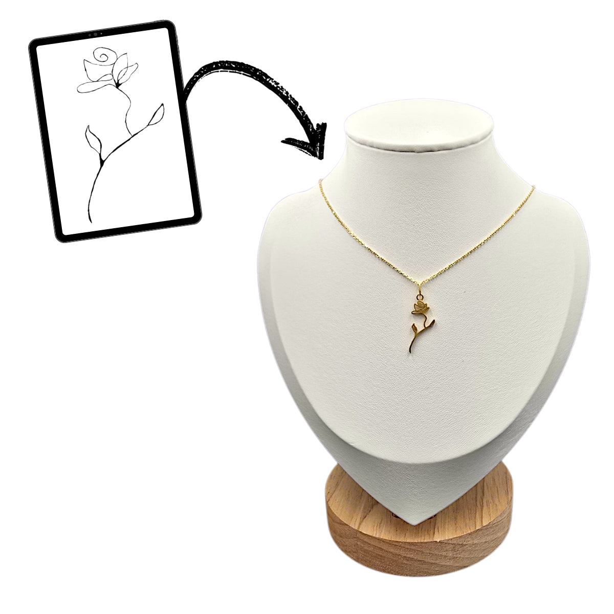 Collier Unique Or Chaine et Pendentif Dessin Fleur