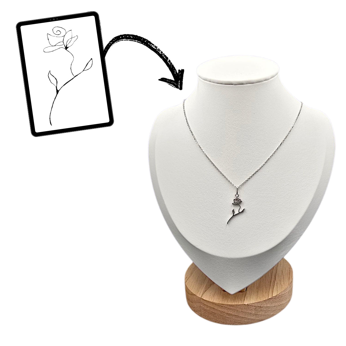 Bijou Personnalisé Argent Chaine et Pendentif Dessin Fleur