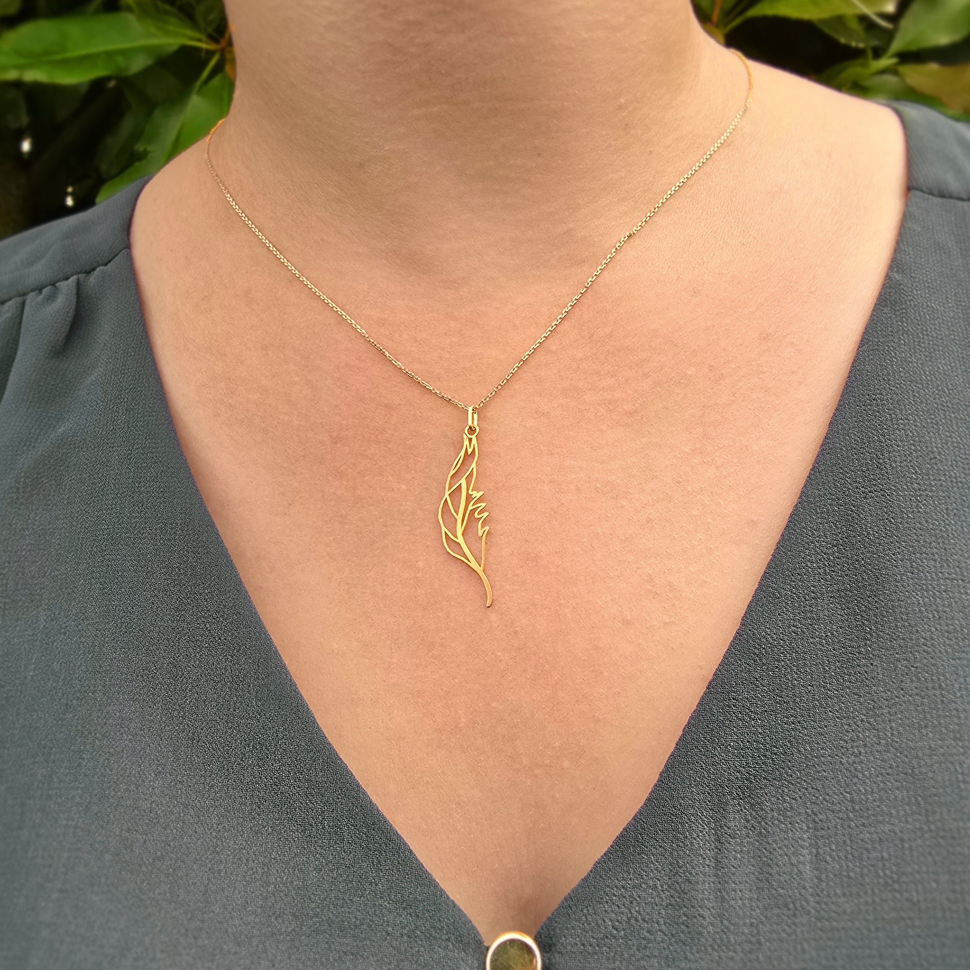 Bijou Personnalisé Or Chaine et Pendentif Dessin Plume