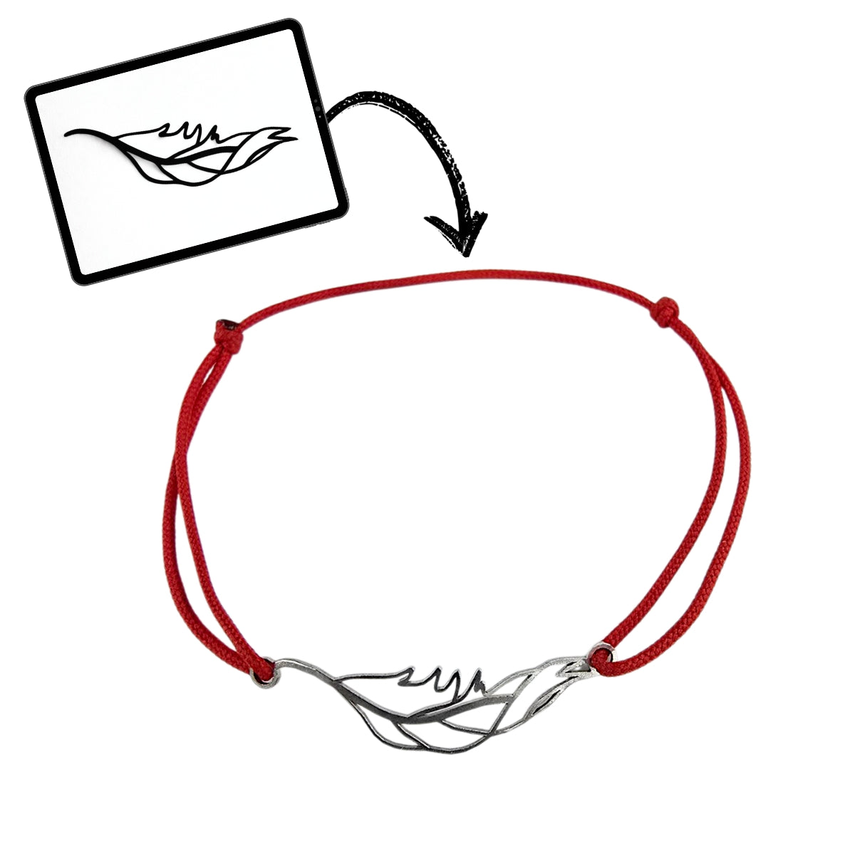 Bracelet Personnalisé Dessin Plume Argent avec Cordon Rouge