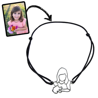 Bracelet Personnalisé Unique Photo Femme Fleurs Argent avec Cordon Noir