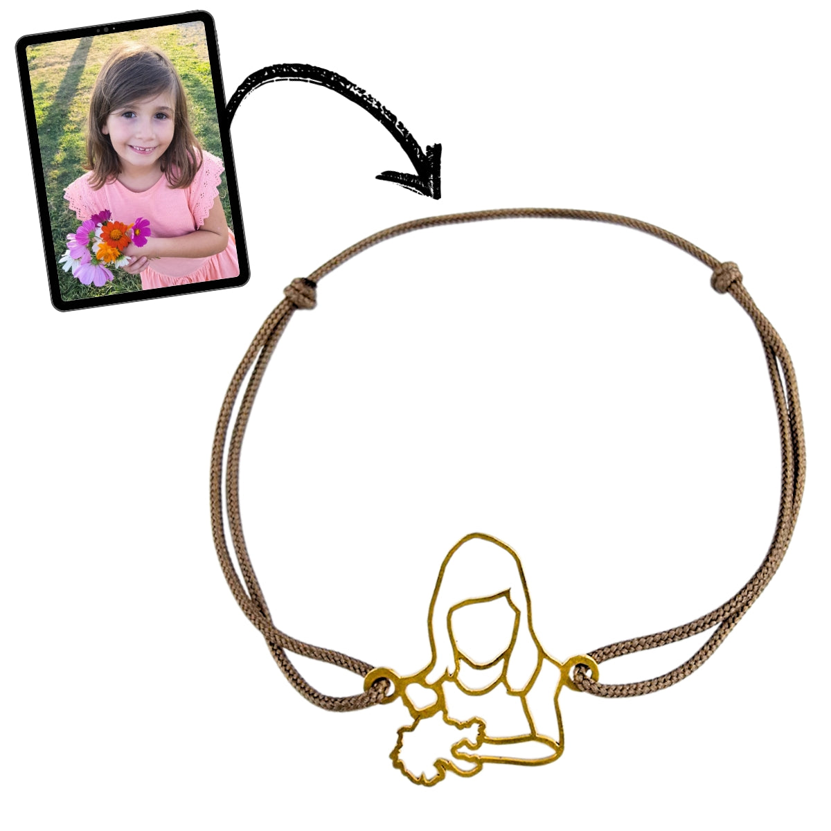 Bracelet Unique Photo Enfant Bouquet Or avec Cordon Taupe