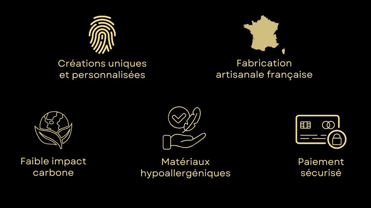 Créations de bijoux français, uniques, personnalisés, hypoallergéniques, eco-responsables et sécurisés.