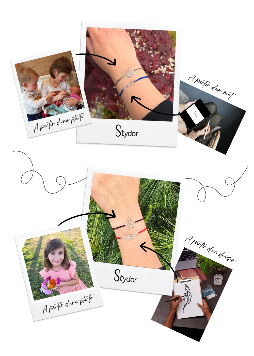 Montage montrant la transformation de souvenirs en bijoux Stydor personnalisés : photo d’enfants à la maternité en bracelet argent cordon taupe, mot “love” en bracelet argent cordon bleu, photo d’une fille avec bouquet de fleurs en bracelet argent cordon noir, dessin de plume en bracelet argent cordon rouge, tous sculptés à la main. 