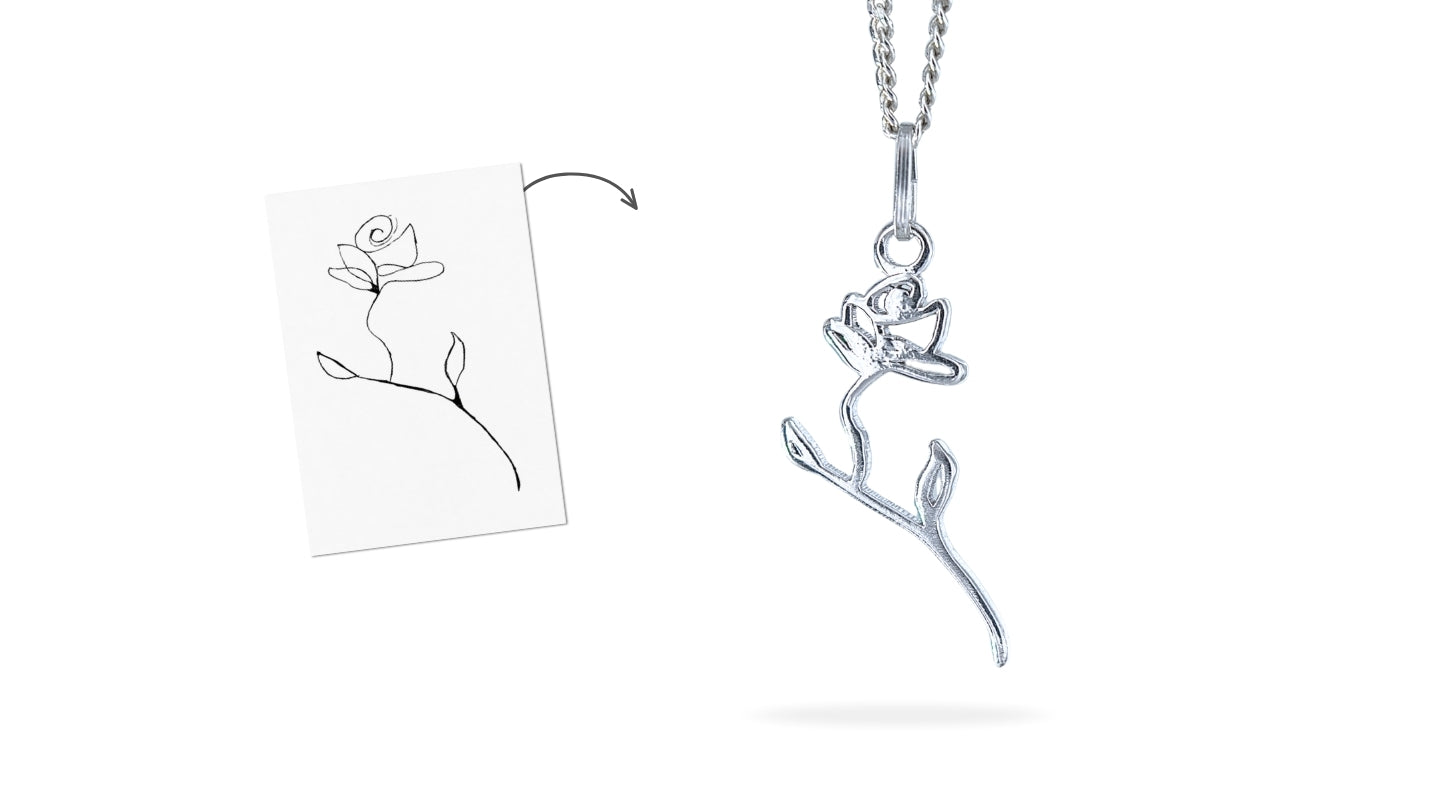Dessins transformés en collier Stydor en argent, illustrant la mémoire d’un souvenir ou d’un instant précieux.