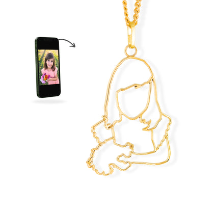 Collier personnalisé Stydor en or, créé à partir d’une photo de fillette tenant un bouquet de fleurs, bijou émotionnel sur mesure.