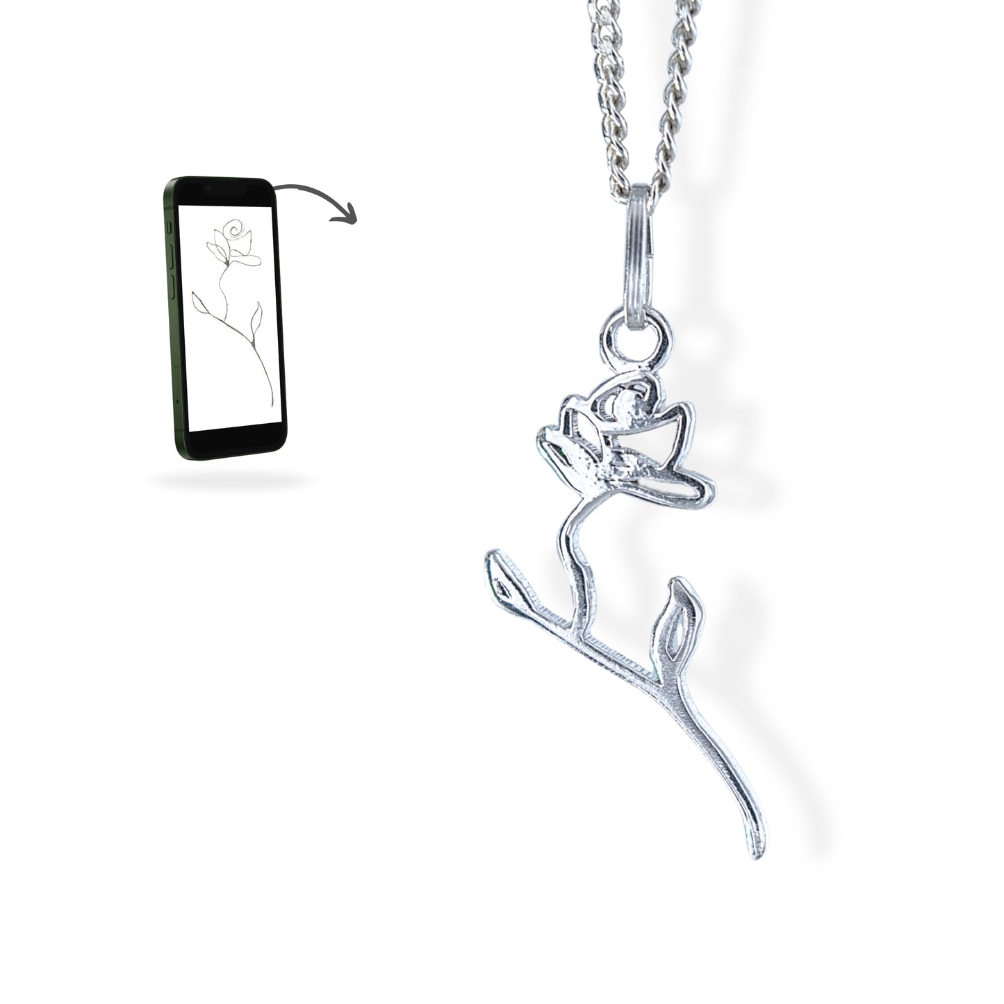 Collier unique en argent, façonné à la main à partir d’un dessin de rose, bijou personnalisé et symbolique.