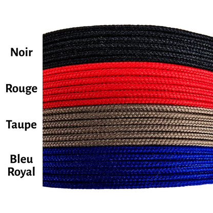 Choix des couleurs de cordons pour bracelet personnalisé Stydor : noir, rouge, taupe et bleu royal.