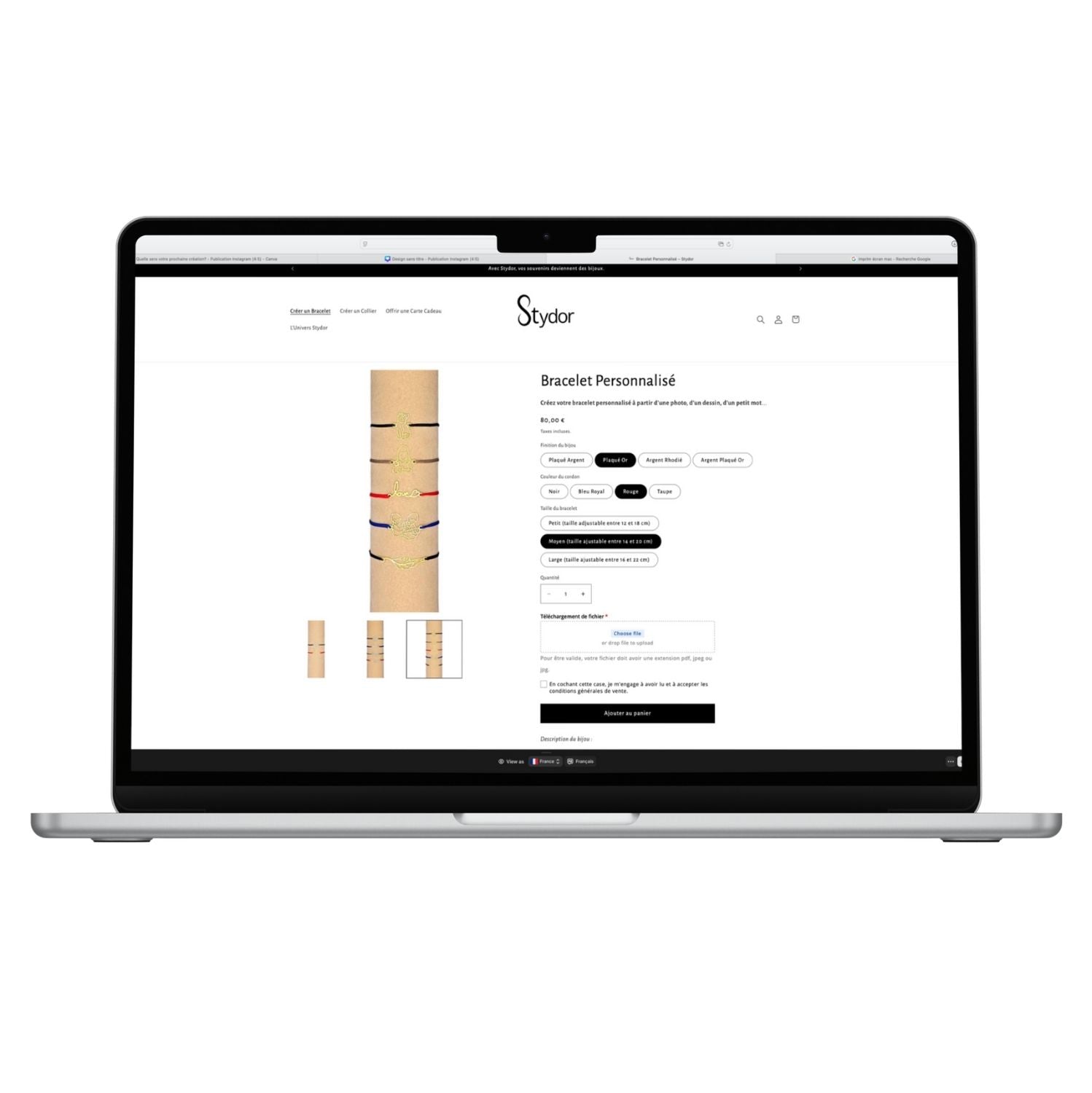 Ordinateur montrant le site Stydor pour créer un bracelet personnalisé à partir d’une photo, dessin ou mot, avec choix de l’alliage et du cordon.