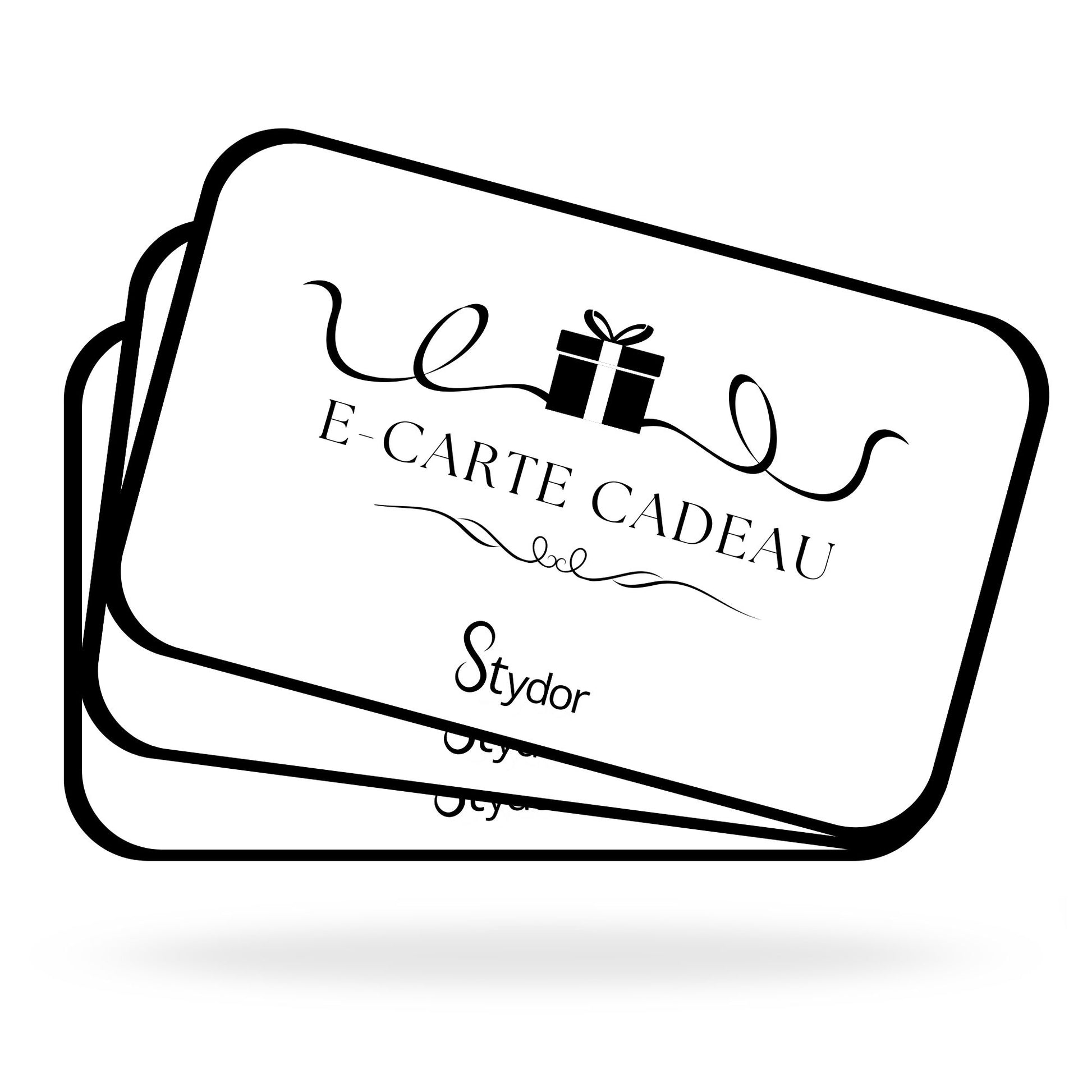 Visuel de l’e-carte cadeau Stydor montrant trois cartes superposées avec un motif de cadeau, permettant d’offrir un bijou personnalisé sur mesure.