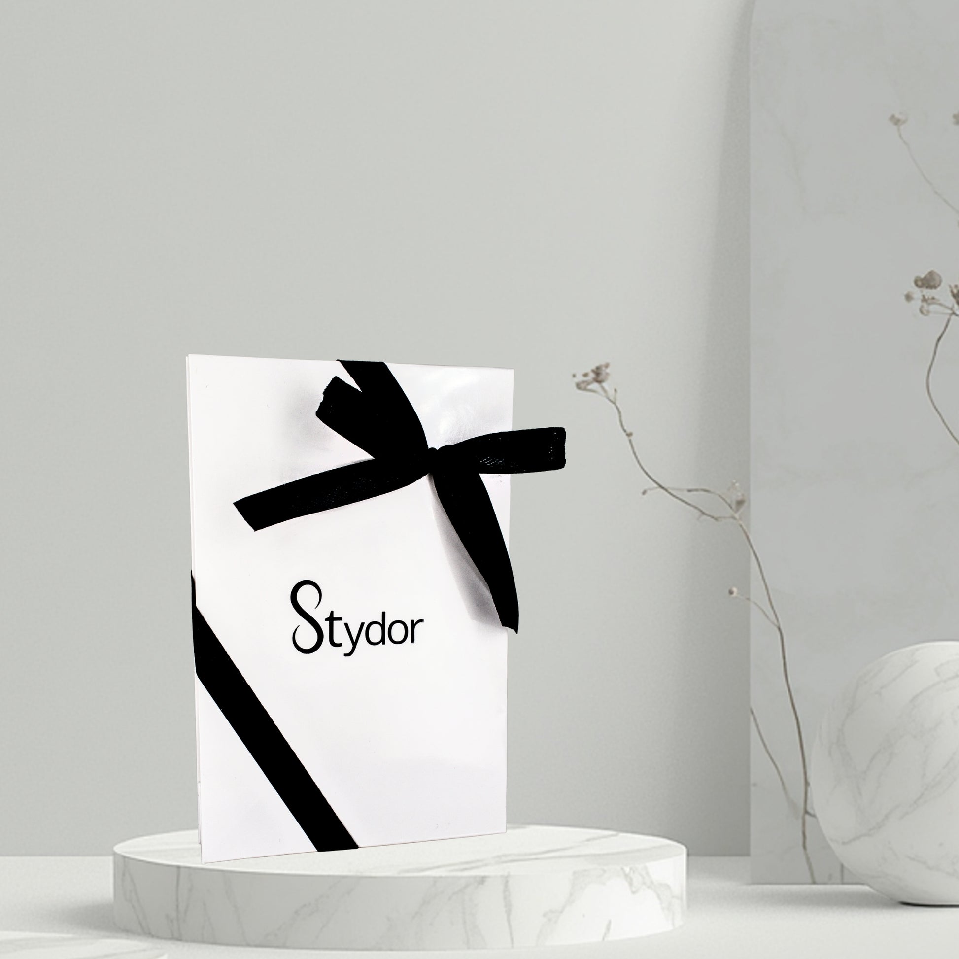 Visuel de la pochette cadeau Stydor fermée par un ruban, idéale pour offrir un bijou personnalisé avec élégance.