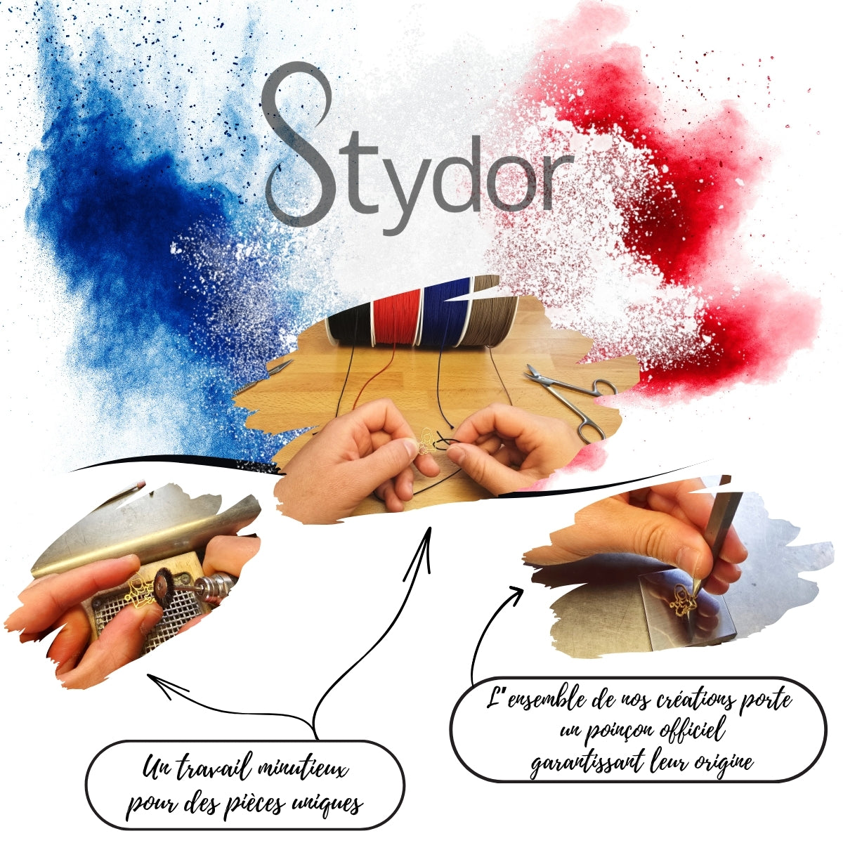 Collage montrant le savoir-faire français Stydor : polissage d’un bijou en or, mise en place du cordon, poinçonnage à la main, illustrant la qualité artisanale et la durabilité des bracelets et colliers.