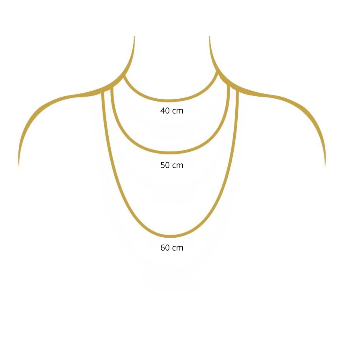 Schéma des longueurs de chaîne proposées pour collier personnalisé Stydor : 40 cm, 50 cm et 60 cm.