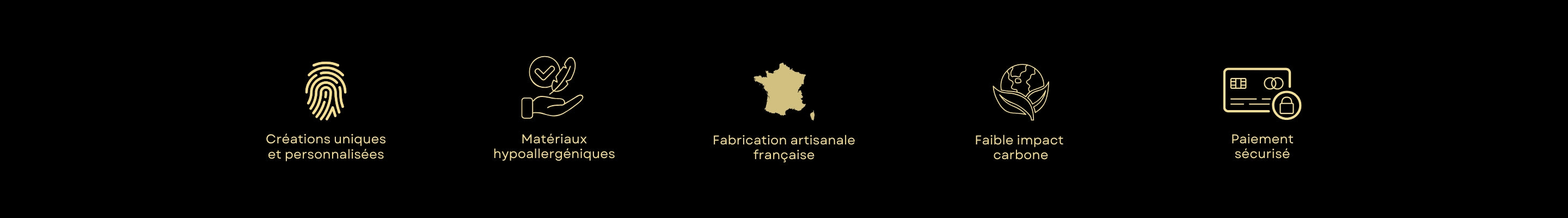 Illustration des 5 valeurs Stydor : créations uniques personnalisées, matériaux hypoallergéniques, fabrication artisanale française, faible impact carbone et paiement sécurisé.